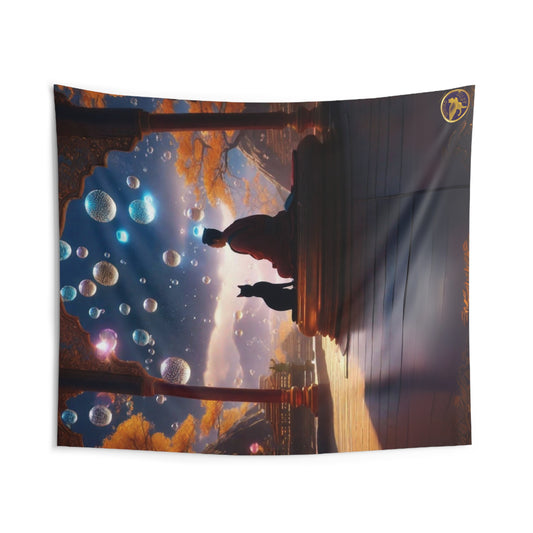 Indoor Polyester Wall Tapestry (88"X 104"), Young Buddhist Disciple with Cat Sitting at Temple Gate Enjoying Naural Scenery as a Cascade of Colorful Bubbles Ascend to the Sky, Diamond Sutra Art, by Divine Arts