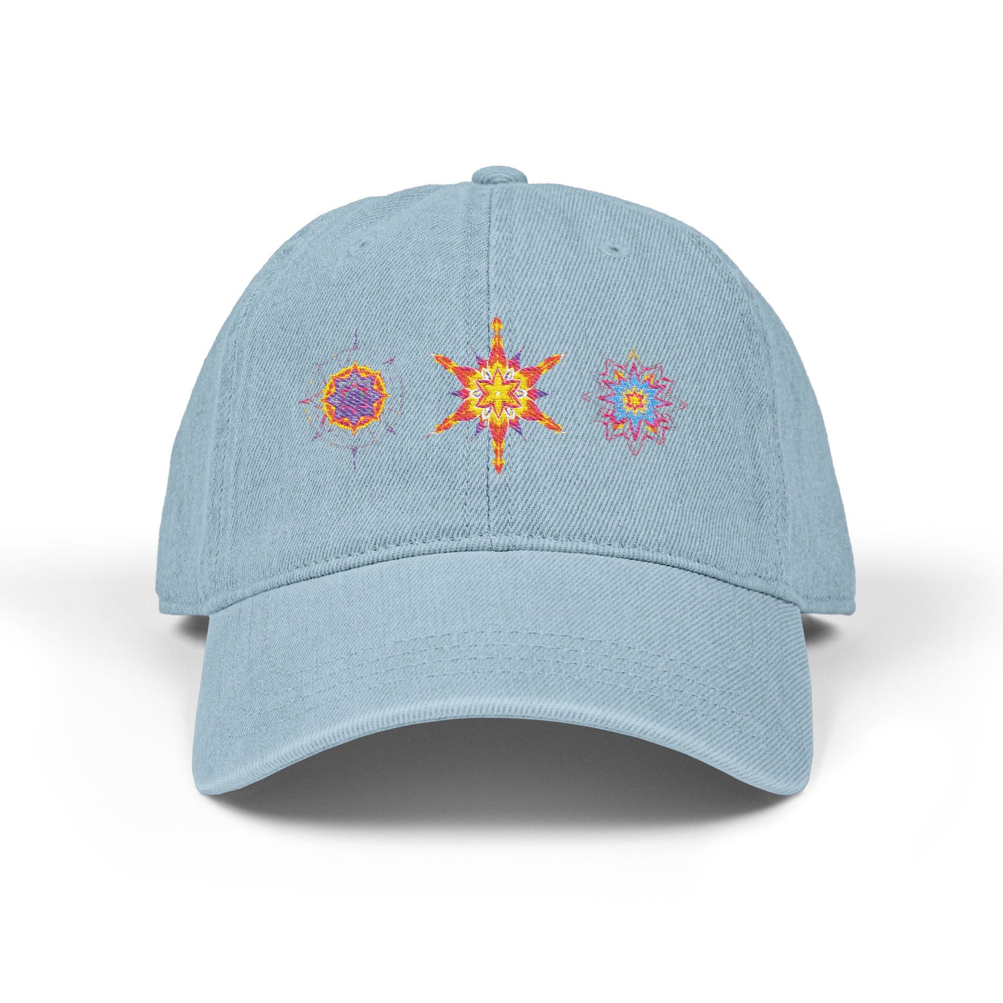Denim Cap (Embroidery), 100% Cotton, Three Unique Embroidery Merkabas, Neon Galaxy Starry Light, Lotus Jewel Design by Divine Arts
