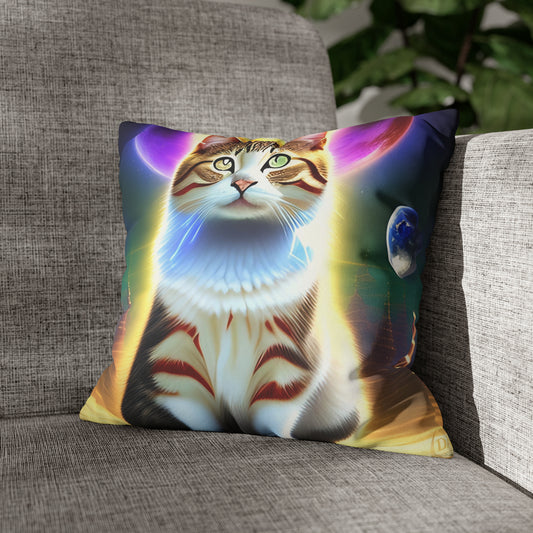 Divine Arts Faux Suede Double-Sided Square Pillow Case - Fantasy Galaxy Space Cat Lover Female Brown and White Tabby Cat with Heterochromia and a Bright Yellow & Purple Aura Spiritual Pillow Cover in Four Sizes