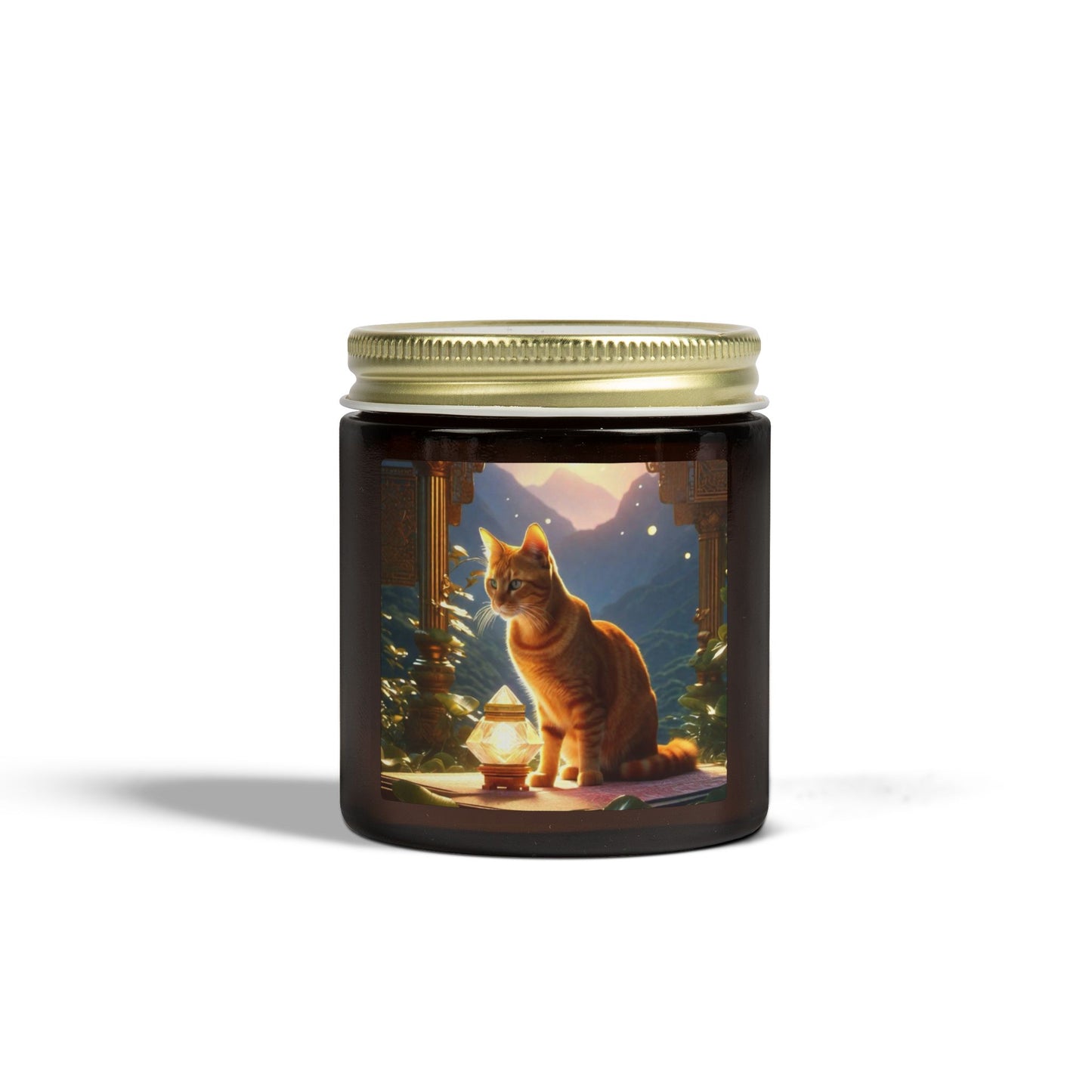 Premium Coconut Apricot Wax Scented Candles, Various Floral & Spice Fragrances (4oz), Spiritual Christmas Holiday Cat Lover Pet Gift, Ginger Tabby Cat Buddhist Diamond Sutra Temple Art, by Divine Arts