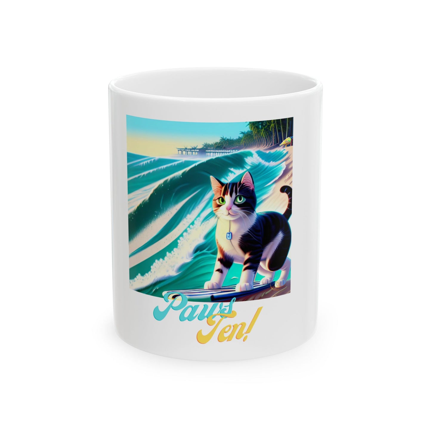 Surfing Cat Ceramic Mug  (11oz/15oz) — "Paws Ten!" Retro Beach Coffee Cup by Divine Arts