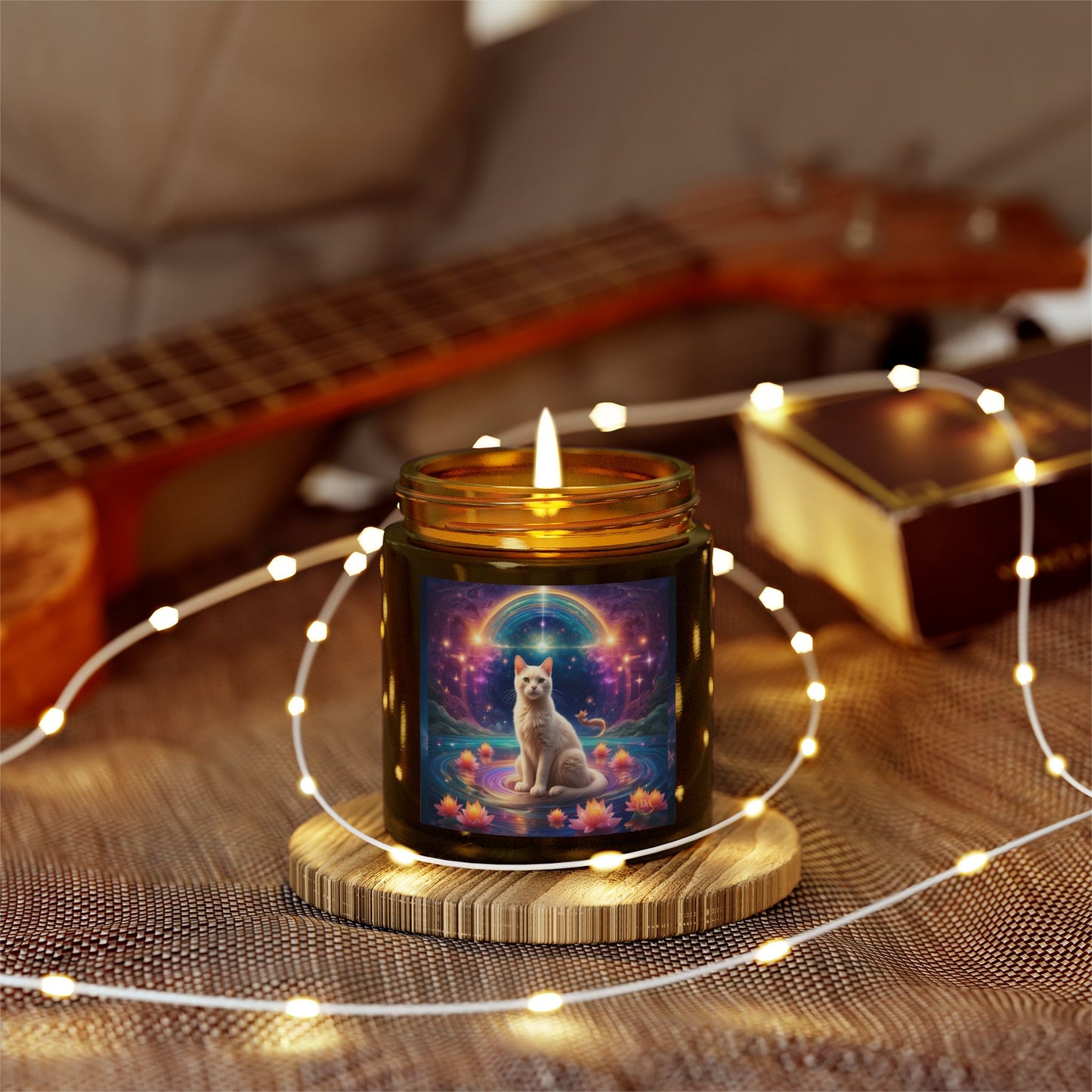 Premium Coconut Apricot Wax Scented Candles, Various Floral & Spice Fragrances (4oz), Spiritual Christmas Holiday Cat Lover Pet Gift, White Brown Cat in Sparkling Rainbow Lotus Field Pool, Fantasy Galaxy Space Cat Art , by Divine Arts