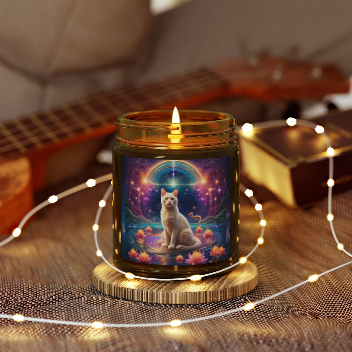 Premium Coconut Apricot Wax Scented Candles, Various Floral & Spice Fragrances (4oz), Spiritual Christmas Holiday Cat Lover Pet Gift, White Brown Cat in Sparkling Rainbow Lotus Field Pool, Fantasy Galaxy Space Cat Art , by Divine Arts