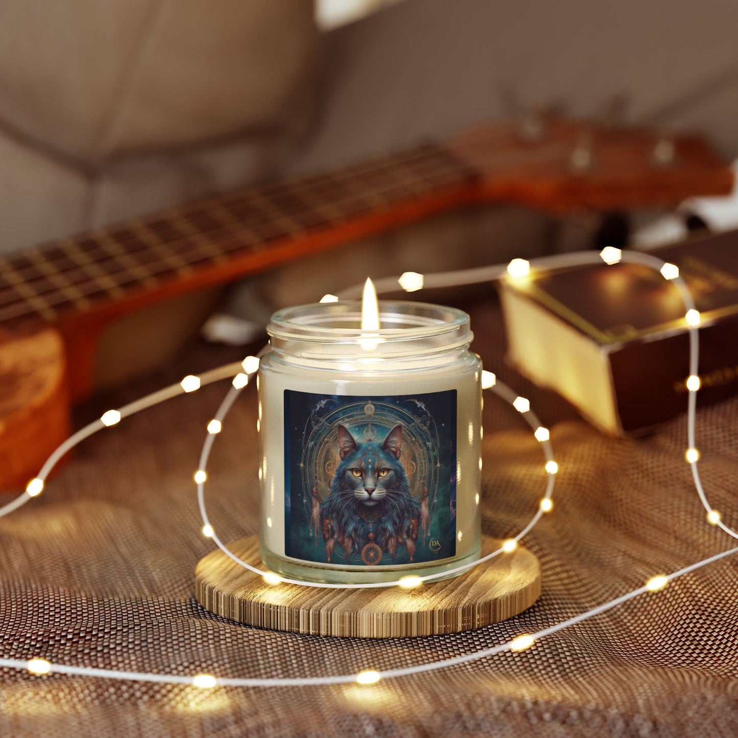 Premium Coconut Apricot Wax Scented Candles, Various Floral & Spice Fragrances (4oz), Spiritual Christmas Holiday Cat Lover Pet Gift, Gray Cat Galaxy Space Fantasy Tribal Art, by Divine Arts