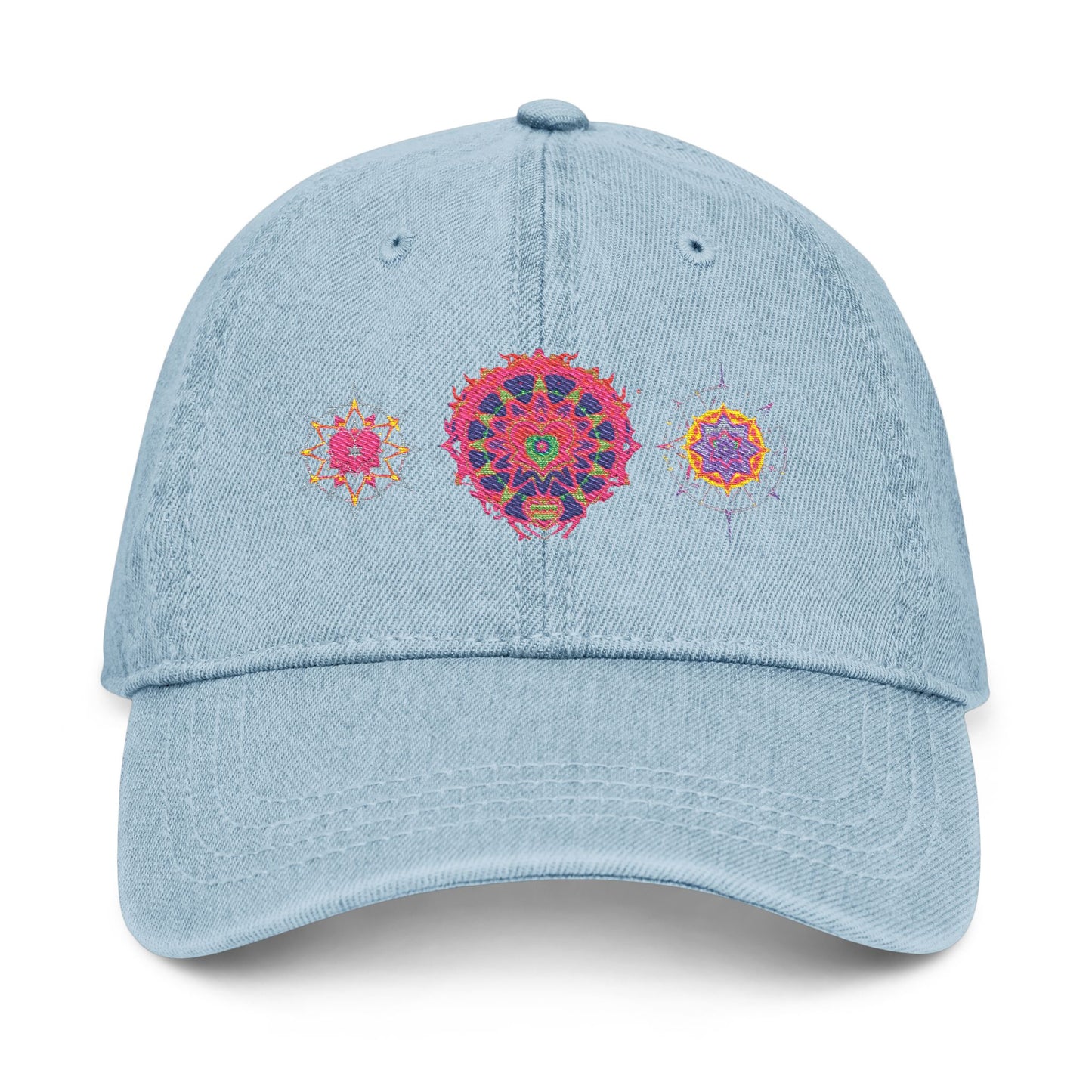 Denim Cap (Embroidery), 100% Cotton, Three Unique Embroidery Merkabas, Neon Galaxy Starry Light, Lotus Jewel Design by Divine Arts