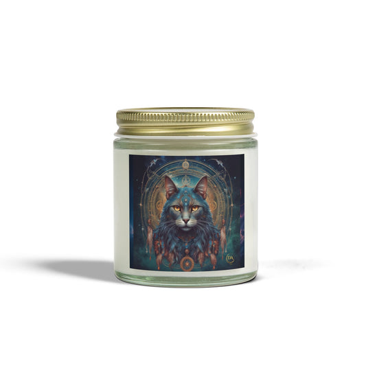 Premium Coconut Apricot Wax Scented Candles, Various Floral & Spice Fragrances (4oz), Spiritual Christmas Holiday Cat Lover Pet Gift, Gray Cat Galaxy Space Fantasy Tribal Art, by Divine Arts