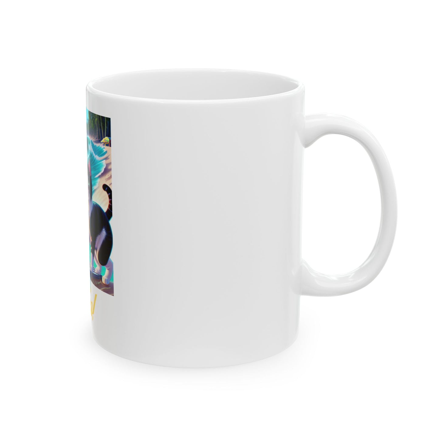 Surfing Cat Ceramic Mug  (11oz/15oz) — "Paws Ten!" Retro Beach Coffee Cup by Divine Arts
