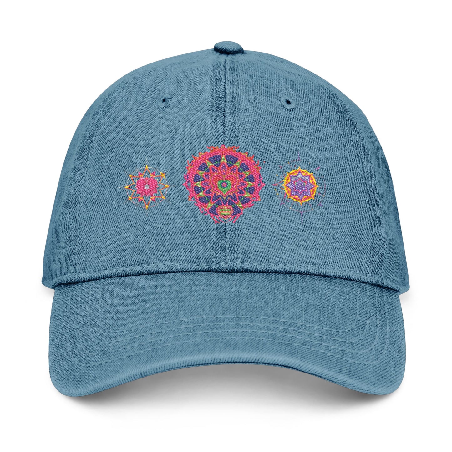 Denim Cap (Embroidery), 100% Cotton, Three Unique Embroidery Merkabas, Neon Galaxy Starry Light, Lotus Jewel Design by Divine Arts