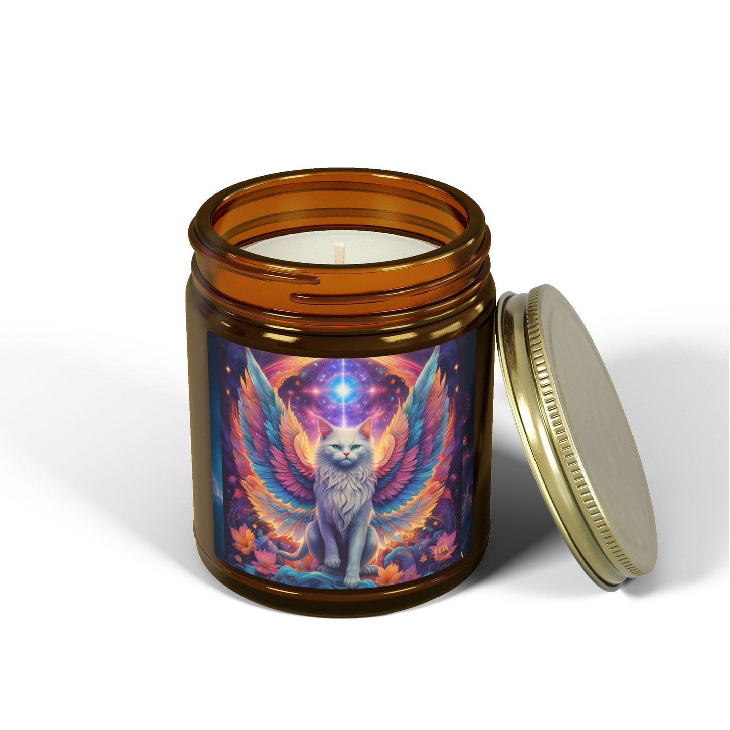 Premium Coconut Apricot Wax Scented Candles, Various Floral & Spice Fragrances (4oz), Spiritual Christmas Holiday Cat Lover Pet Gift, Galaxy Space White Angel Cat Art, by Divine Arts