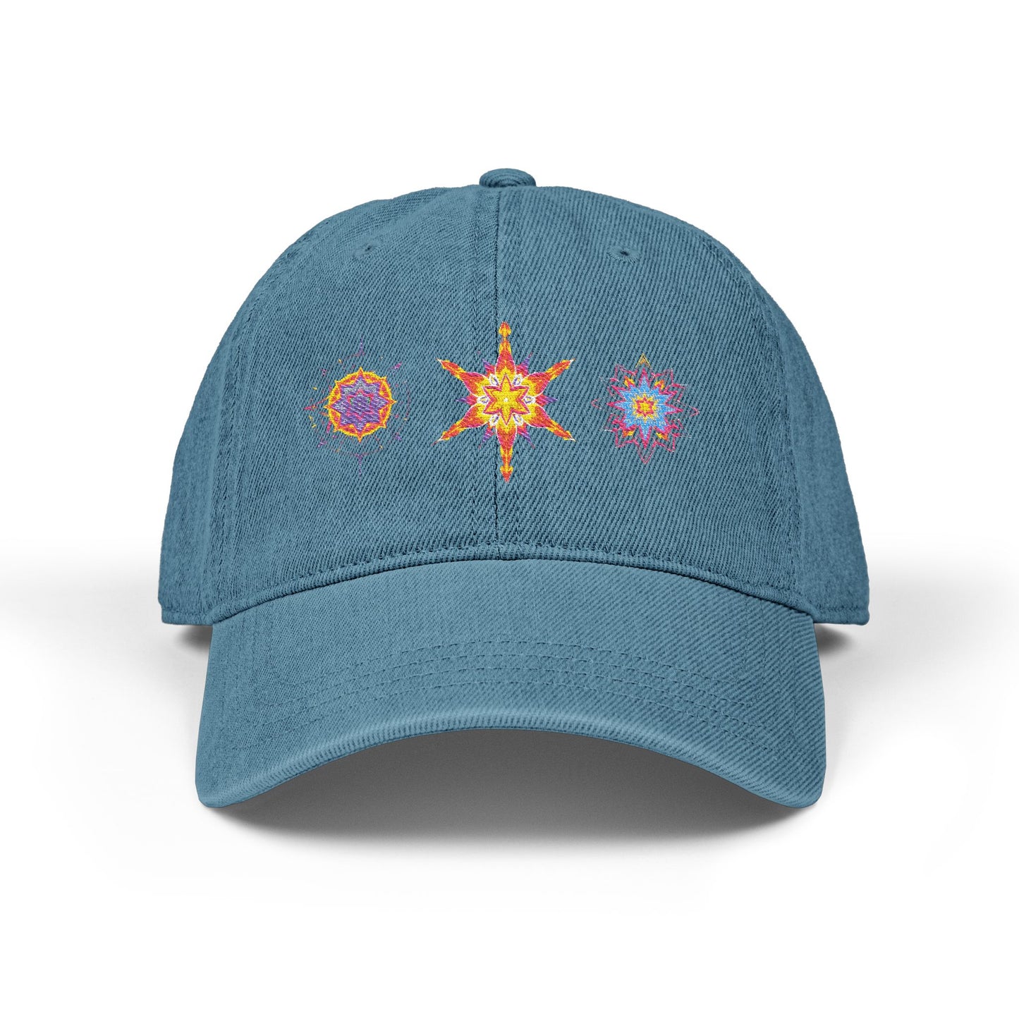 Denim Cap (Embroidery), 100% Cotton, Three Unique Embroidery Merkabas, Neon Galaxy Starry Light, Lotus Jewel Design by Divine Arts