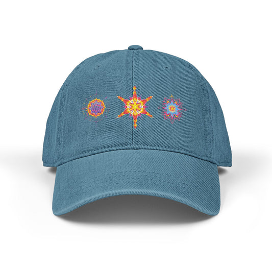 Denim Cap (Embroidery), 100% Cotton, Three Unique Embroidery Merkabas, Neon Galaxy Starry Light, Lotus Jewel Design by Divine Arts