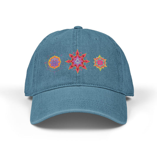 Denim Cap (Embroidery), 100% Cotton, Three Unique Embroidery Merkabas, Neon Galaxy Starry Light, Lotus Jewel Design by Divine Arts
