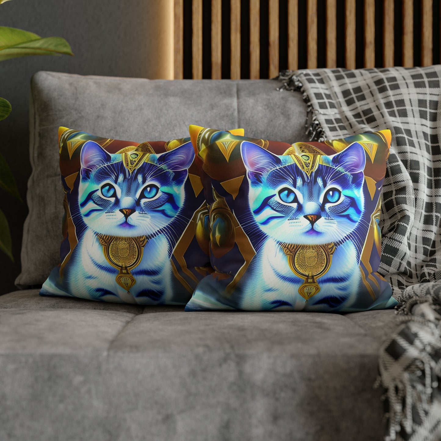 Divine Arts Faux Suede Double-Sided Square Pillow Case in Four Sizes - Fantasy Galaxy Space Cat Lover Male Gray and White Tabby Kitten with Blue Eyes in Golden Merkaba Chamber Wielding the Merkab