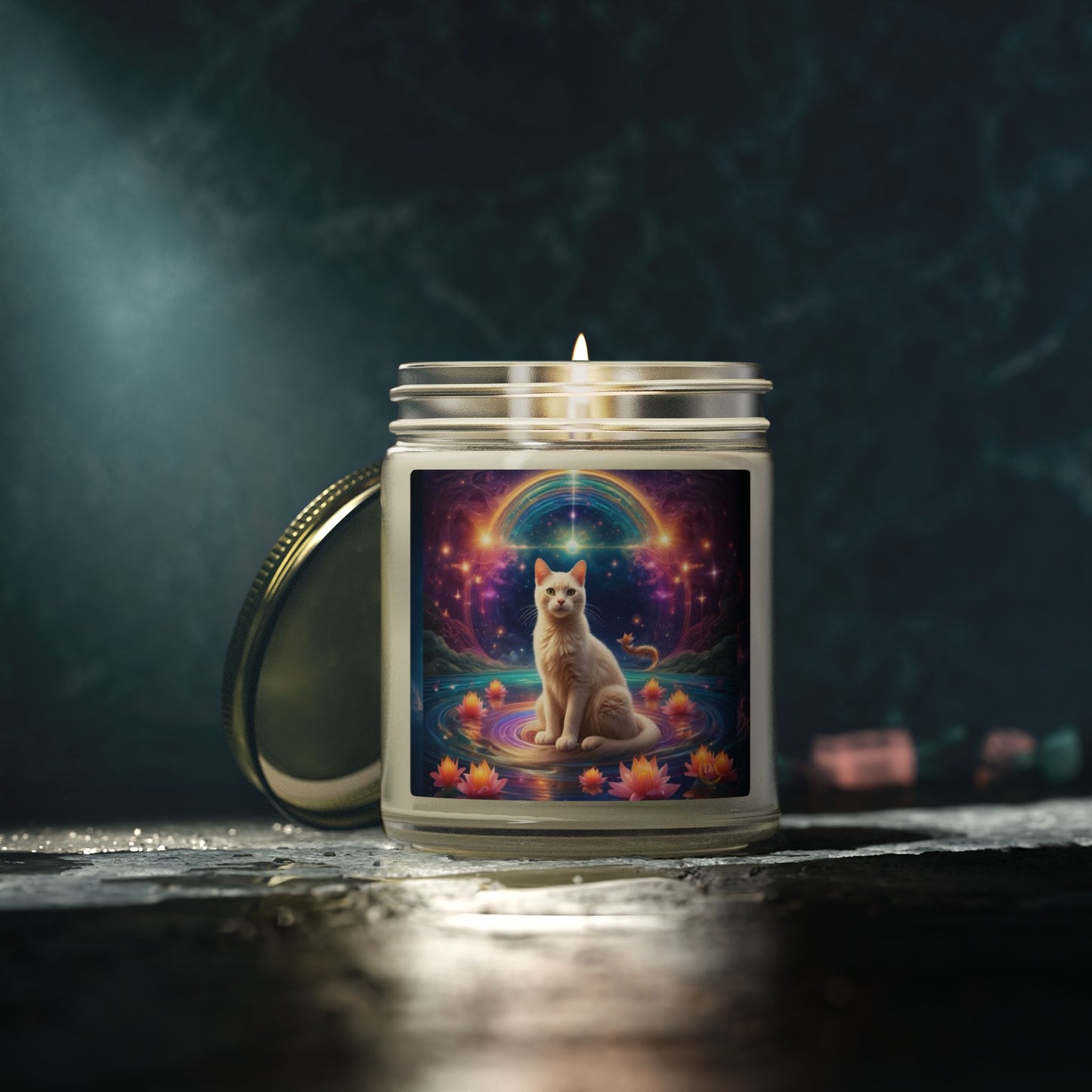 Premium Coconut Apricot Wax Scented Candles, Various Floral & Spice Fragrances (4oz), Spiritual Christmas Holiday Cat Lover Pet Gift, White Brown Cat in Sparkling Rainbow Lotus Field Pool, Fantasy Galaxy Space Cat Art , by Divine Arts