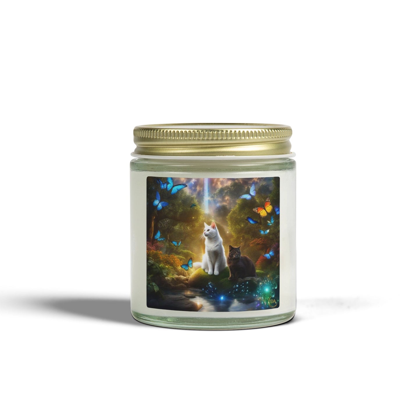 Premium Coconut Apricot Wax Scented Candles, Various Floral & Spice Fragrances (4oz), Spiritual Christmas Holiday Cat Lover Pet Gift, Black & White Cats in Nature Butterflies Scene Fairytale Fantasy Art, by Divine Arts