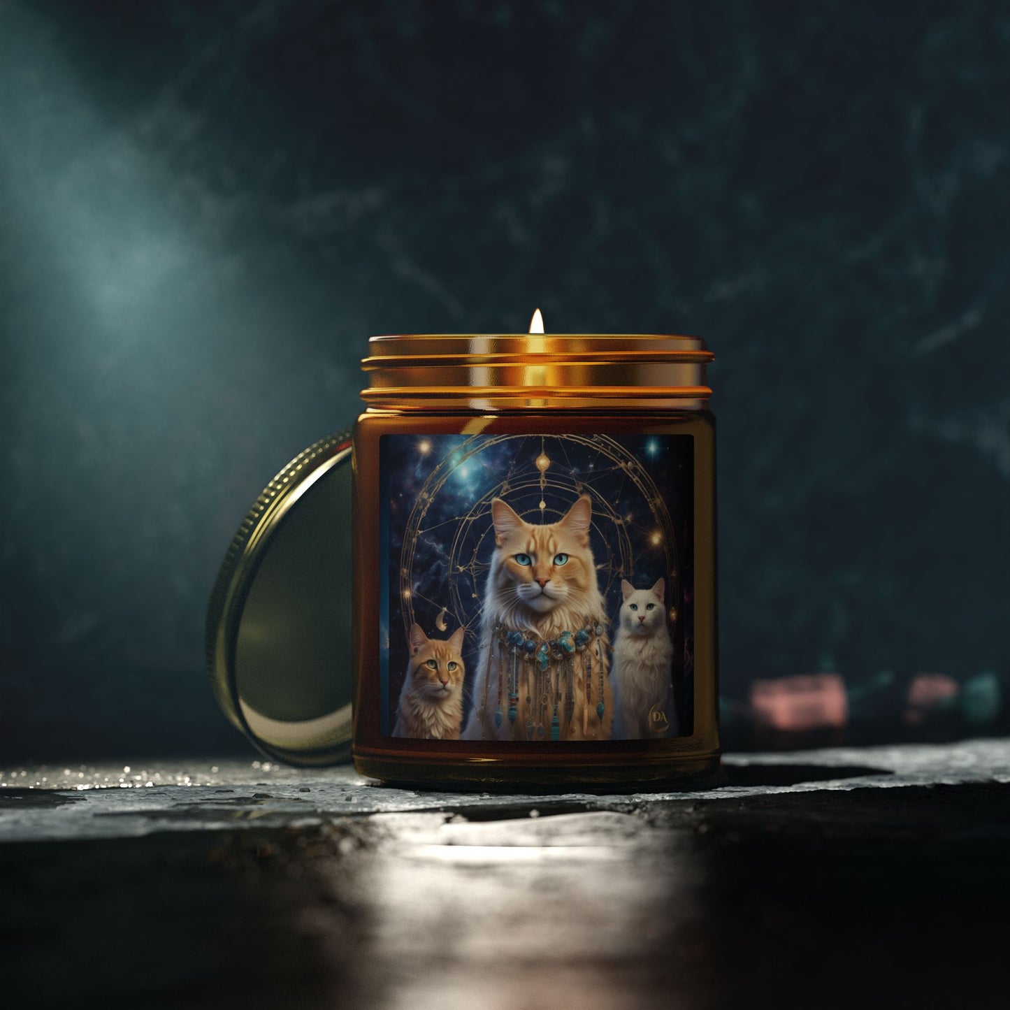 Premium Coconut Apricot Wax Scented Candles, Various Floral & Spice Fragrances (4oz), Spiritual Christmas Holiday Cat Lover Pet Gift, Ginger & White Cats Galaxy Space Fantasy Tribal Art, by Divine Arts