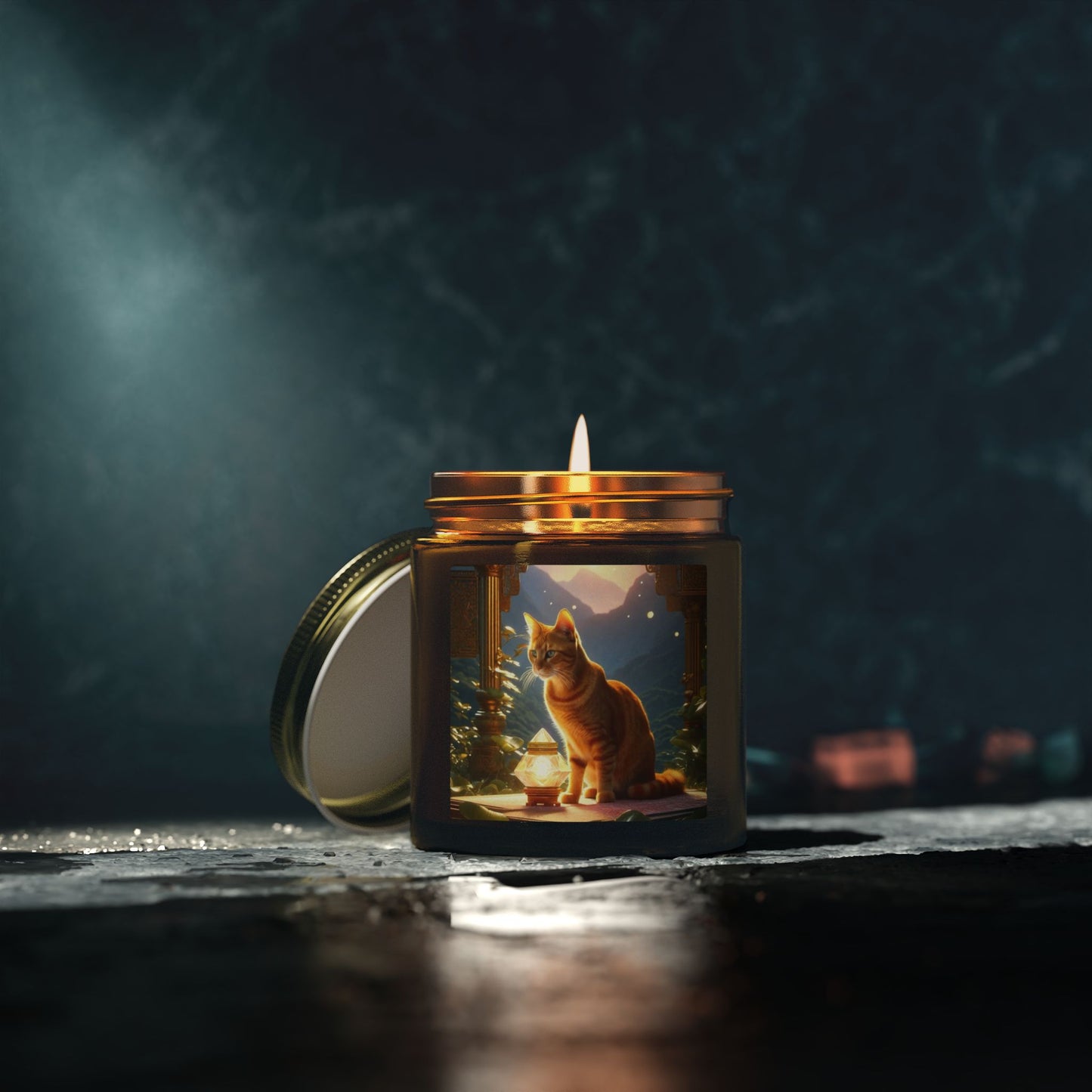 Premium Coconut Apricot Wax Scented Candles, Various Floral & Spice Fragrances (4oz), Spiritual Christmas Holiday Cat Lover Pet Gift, Ginger Tabby Cat Buddhist Diamond Sutra Temple Art, by Divine Arts