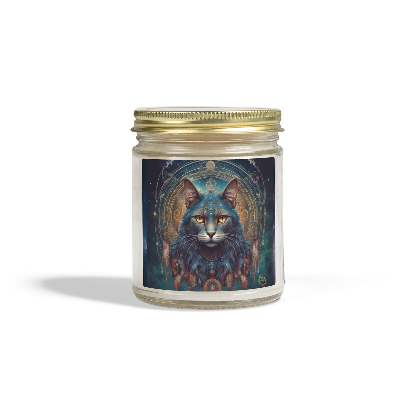 Premium Coconut Apricot Wax Scented Candles, Various Floral & Spice Fragrances (4oz), Spiritual Christmas Holiday Cat Lover Pet Gift, Gray Cat Galaxy Space Fantasy Tribal Art, by Divine Arts