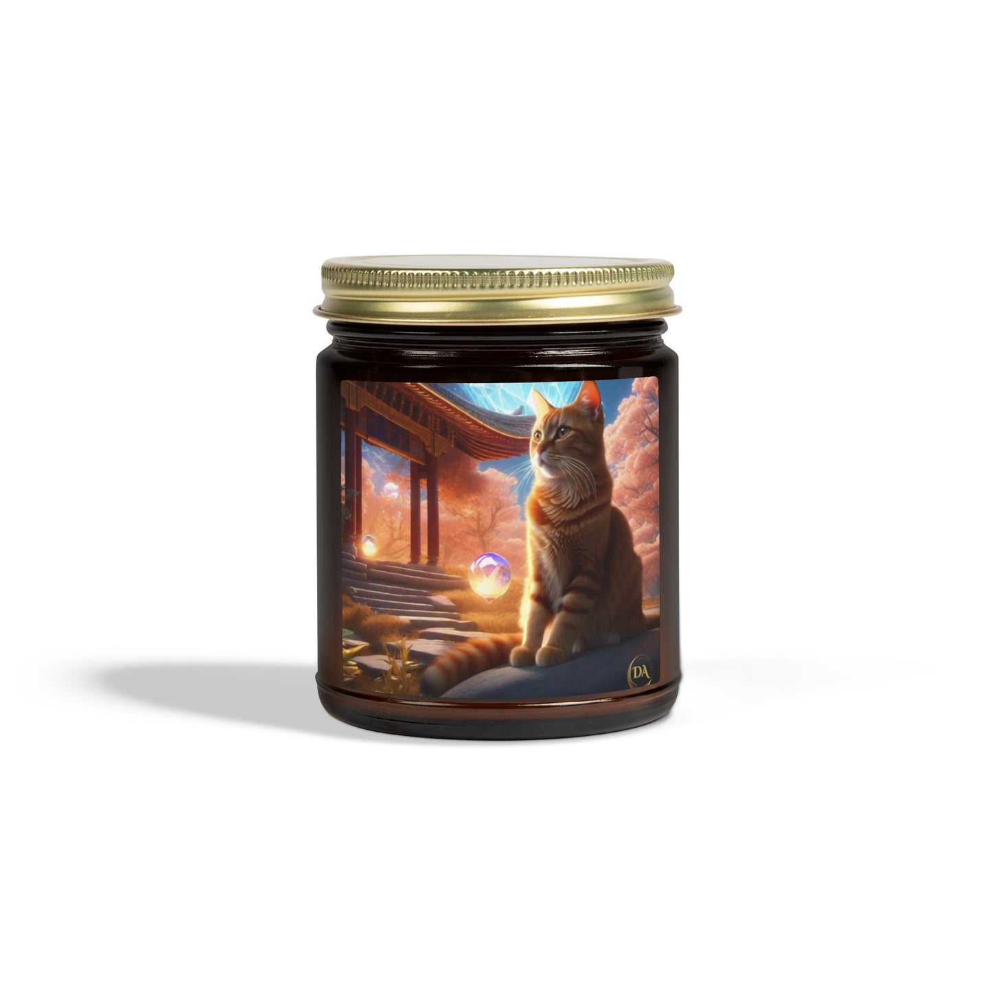 Premium Coconut Apricot Wax Scented Candles, Various Floral & Spice Fragrances (4oz), Spiritual Christmas Holiday Cat Lover Pet Gift, Ginger Tabby Cat Buddhist Diamond Sutra Temple Art, by Divine Arts