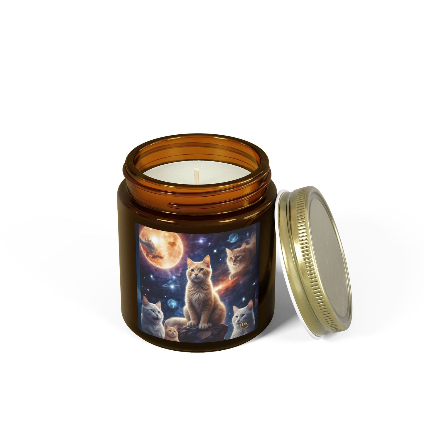 Premium Coconut Apricot Wax Scented Candles, Various Floral & Spice Fragrances (4oz), Spiritual Christmas Holiday Cat Lover Pet Gift, Ginger Tabby & White Cats Galaxy Space Fantasy Cat Art, by Divine Arts