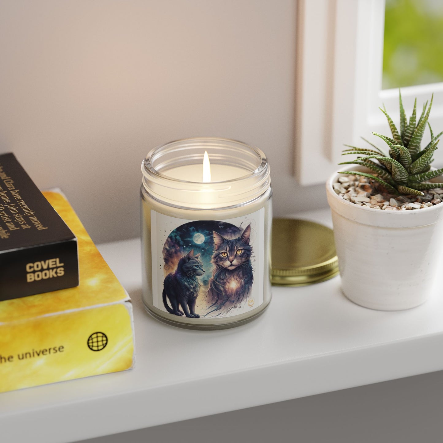 Premium Coconut Apricot Wax Scented Candles, Various Floral & Spice Fragrances (4oz), Spiritual Christmas Holiday Cat Lover Pet Gift, Ginger, White, Brown Tabby & Gray Cats Galaxy Space Fantasy Cat Art, by Divine Arts