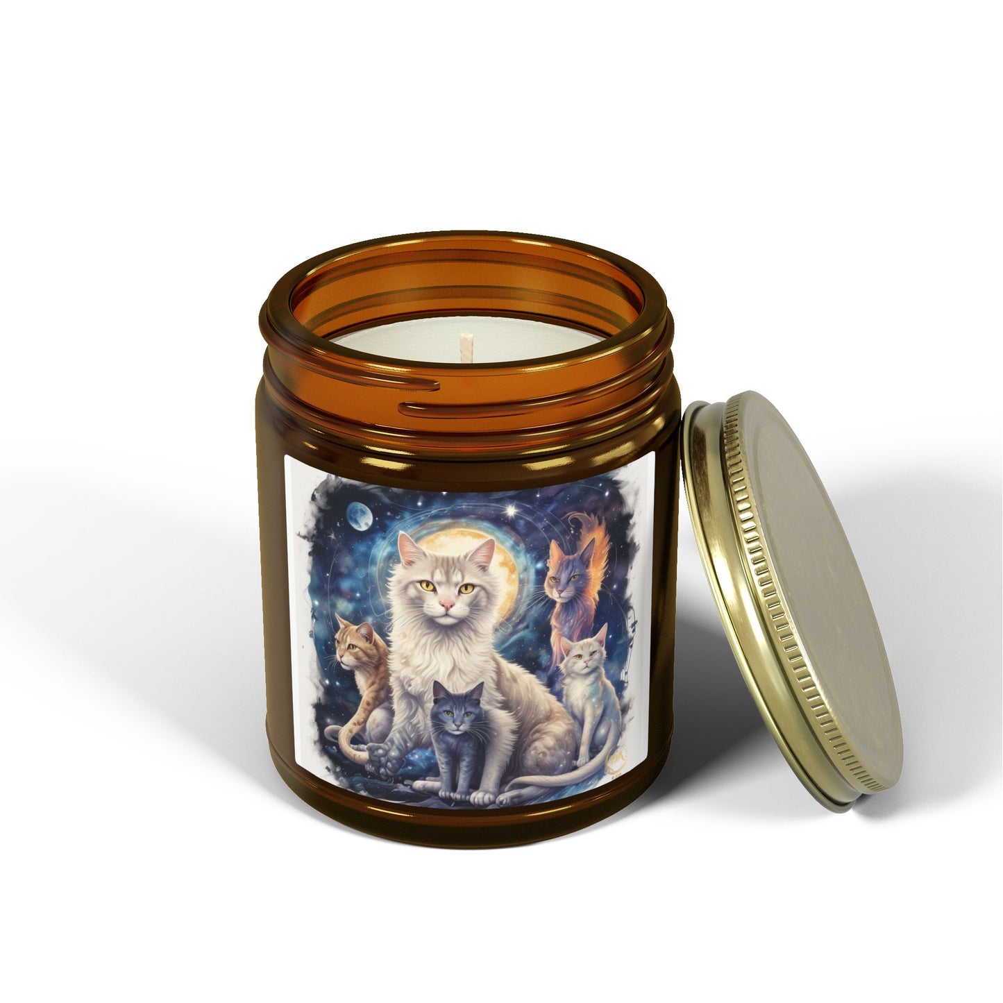 Premium Coconut Apricot Wax Scented Candles, Various Floral & Spice Fragrances (4oz), Spiritual Christmas Holiday Cat Lover Pet Gift, Ginger, White, Gray & Brown Cats Galaxy Space Fantasy Cat Art, by Divine Arts