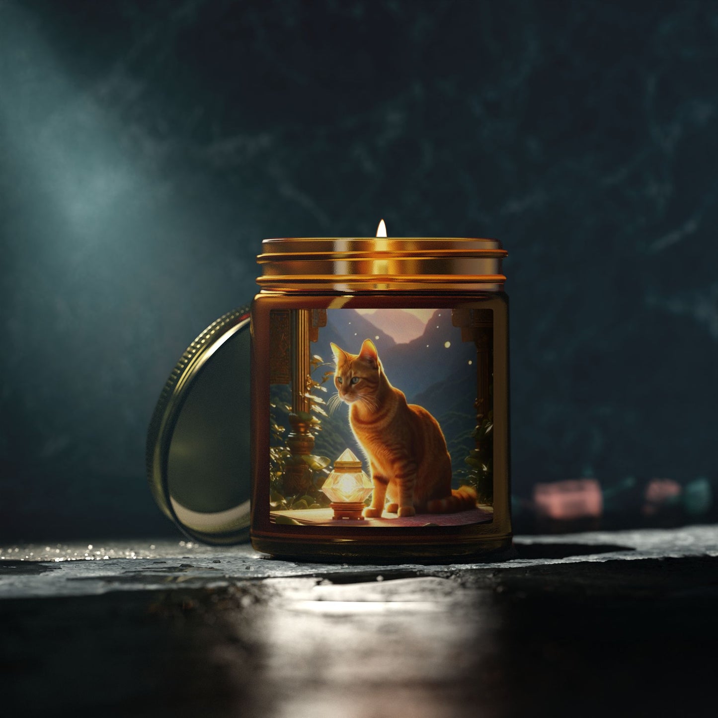 Premium Coconut Apricot Wax Scented Candles, Various Floral & Spice Fragrances (4oz), Spiritual Christmas Holiday Cat Lover Pet Gift, Ginger Tabby Cat Buddhist Diamond Sutra Temple Art, by Divine Arts