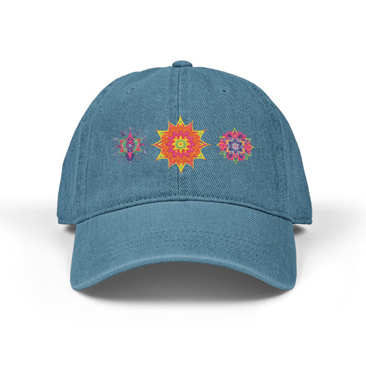 Denim Cap (Embroidery), 100% Cotton, Three Unique Embroidery Merkabas, Neon Galaxy Starry Light, Lotus Jewel Design by Divine Arts