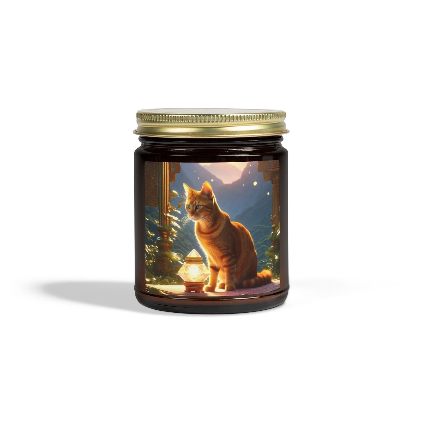 Premium Coconut Apricot Wax Scented Candles, Various Floral & Spice Fragrances (4oz), Spiritual Christmas Holiday Cat Lover Pet Gift, Ginger Tabby Cat Buddhist Diamond Sutra Temple Art, by Divine Arts