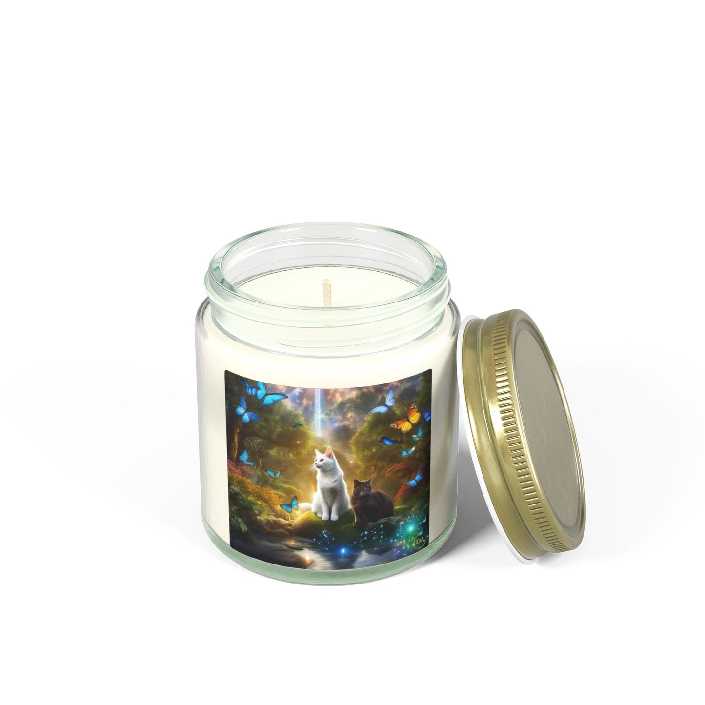 Premium Coconut Apricot Wax Scented Candles, Various Floral & Spice Fragrances (4oz), Spiritual Christmas Holiday Cat Lover Pet Gift, Black & White Cats in Nature Butterflies Scene Fairytale Fantasy Art, by Divine Arts