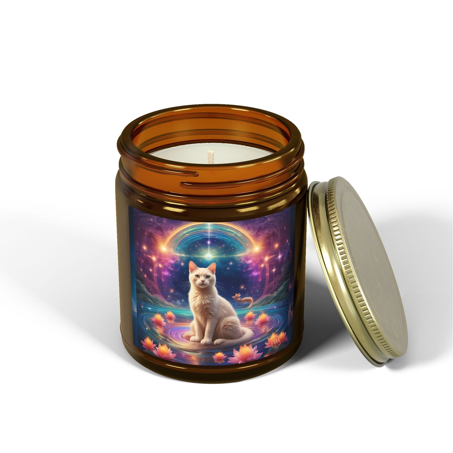 Premium Coconut Apricot Wax Scented Candles, Various Floral & Spice Fragrances (4oz), Spiritual Christmas Holiday Cat Lover Pet Gift, White Brown Cat in Sparkling Rainbow Lotus Field Pool, Fantasy Galaxy Space Cat Art , by Divine Arts