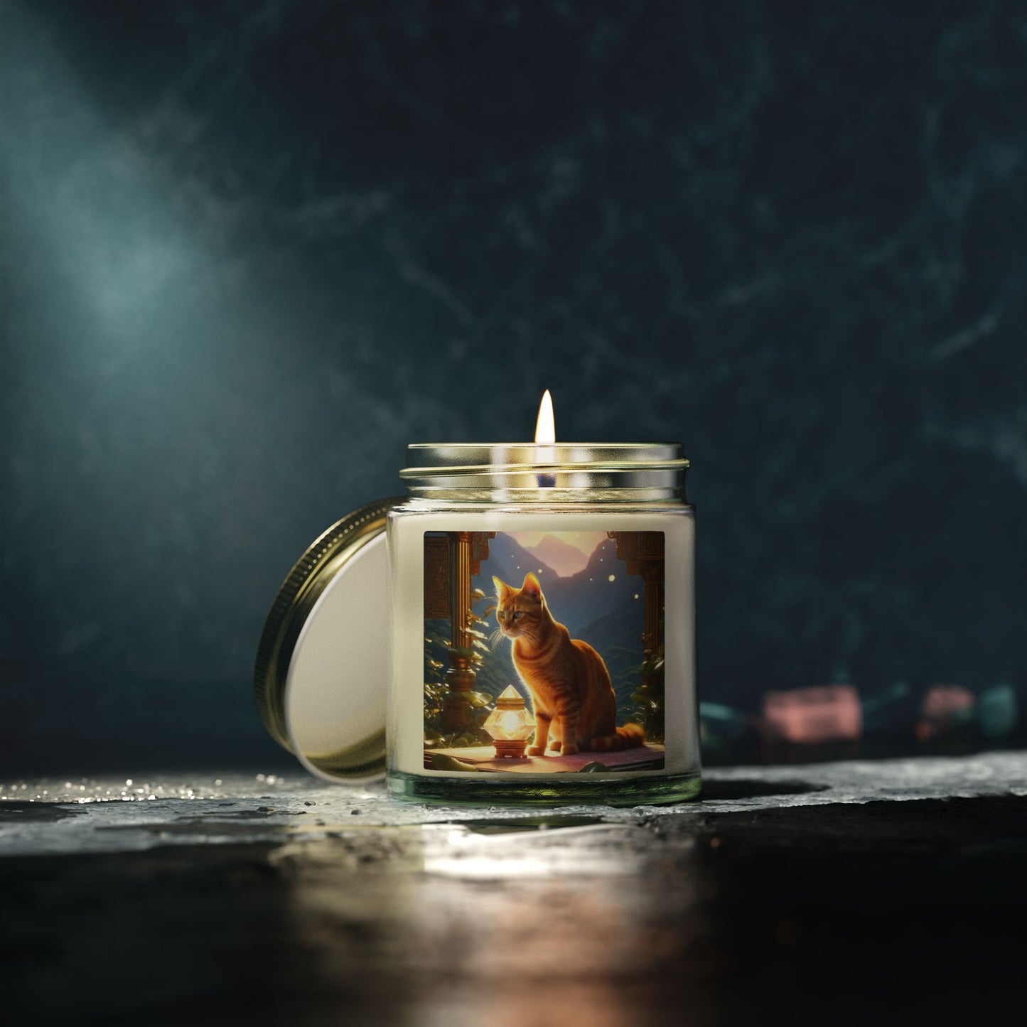 Premium Coconut Apricot Wax Scented Candles, Various Floral & Spice Fragrances (4oz), Spiritual Christmas Holiday Cat Lover Pet Gift, Ginger Tabby Cat Buddhist Diamond Sutra Temple Art, by Divine Arts