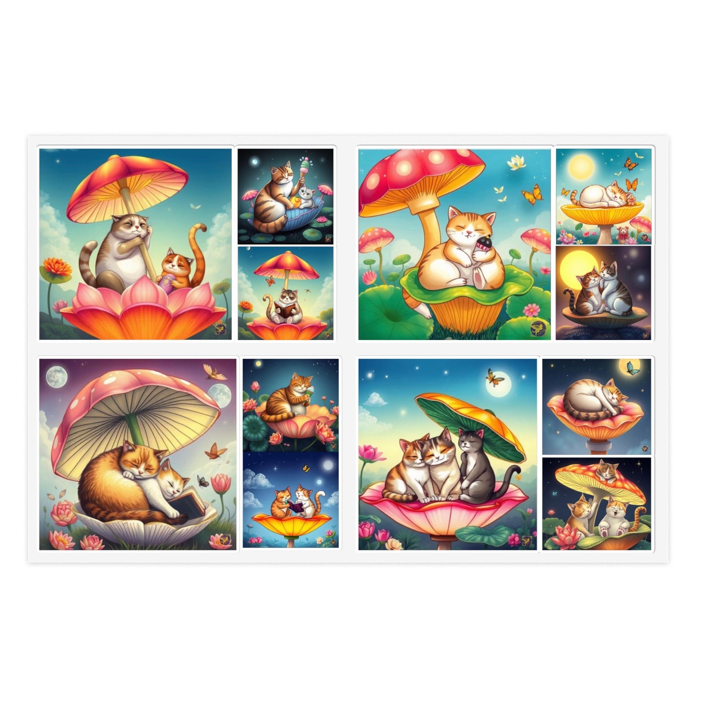 Whimsical Cat Night & Day Mushroom Lotus, Nature Bookworm Vinyl Sticker Sheets (6x4) – Cute Floral Shell Mushroom Umbrella Cap Kittens by Divine Arts