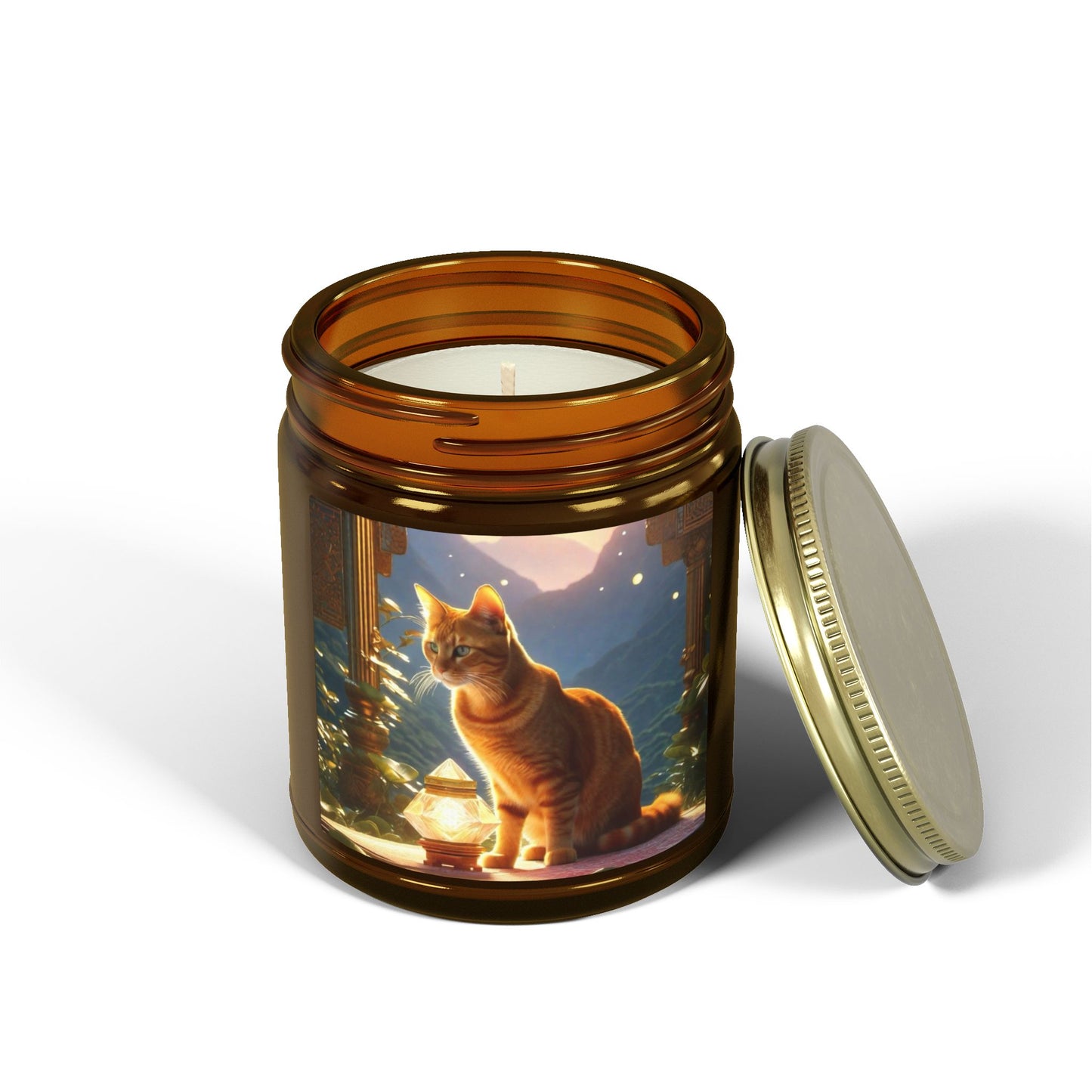 Premium Coconut Apricot Wax Scented Candles, Various Floral & Spice Fragrances (4oz), Spiritual Christmas Holiday Cat Lover Pet Gift, Ginger Tabby Cat Buddhist Diamond Sutra Temple Art, by Divine Arts