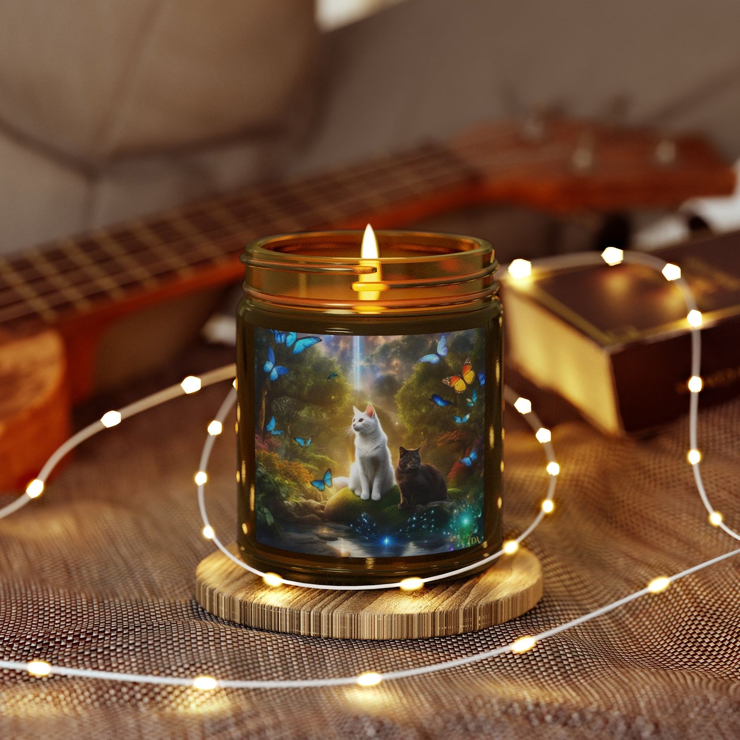 Premium Coconut Apricot Wax Scented Candles, Various Floral & Spice Fragrances (4oz), Spiritual Christmas Holiday Cat Lover Pet Gift, Black & White Cats in Nature Butterflies Scene Fairytale Fantasy Art, by Divine Arts