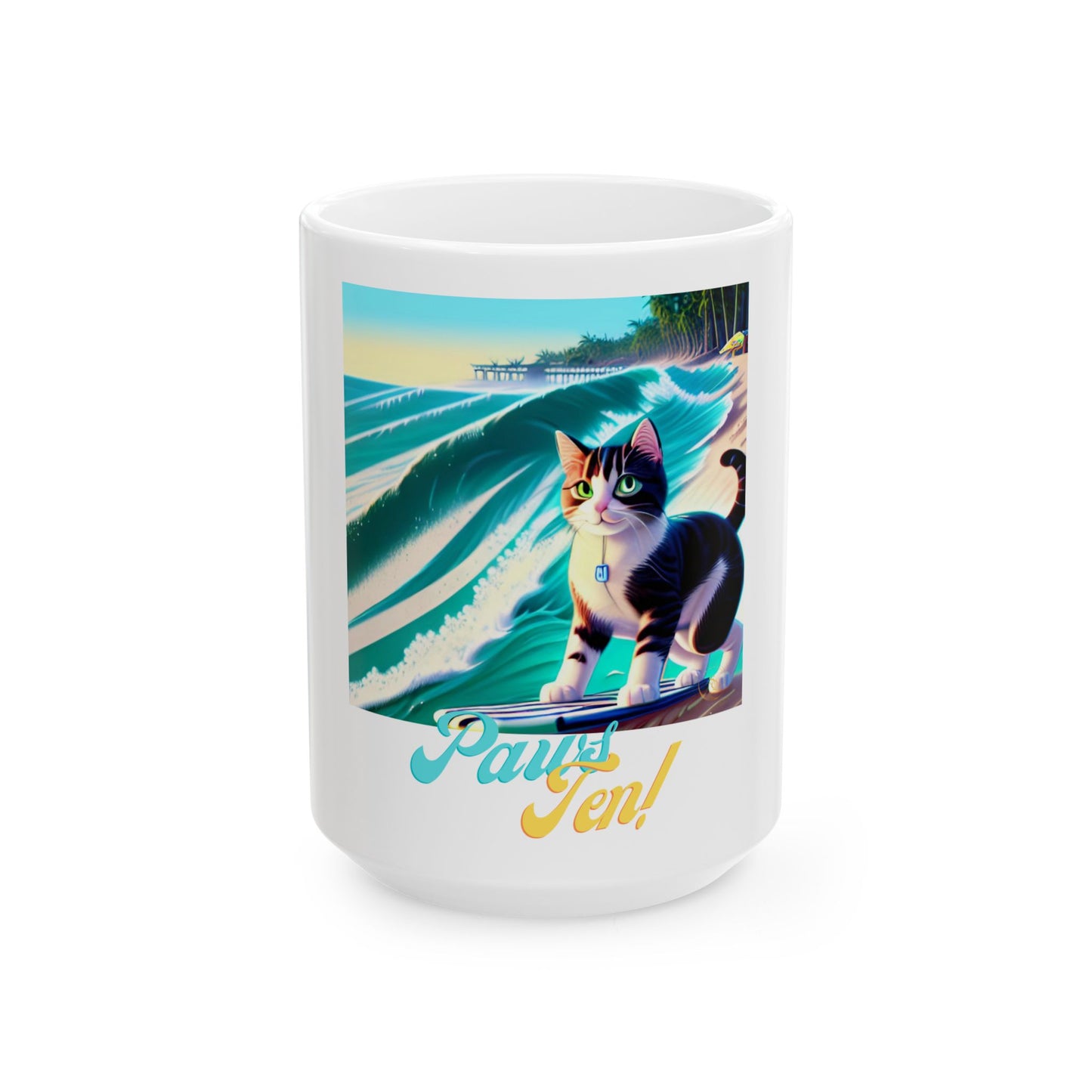 Surfing Cat Ceramic Mug  (11oz/15oz) — "Paws Ten!" Retro Beach Coffee Cup by Divine Arts