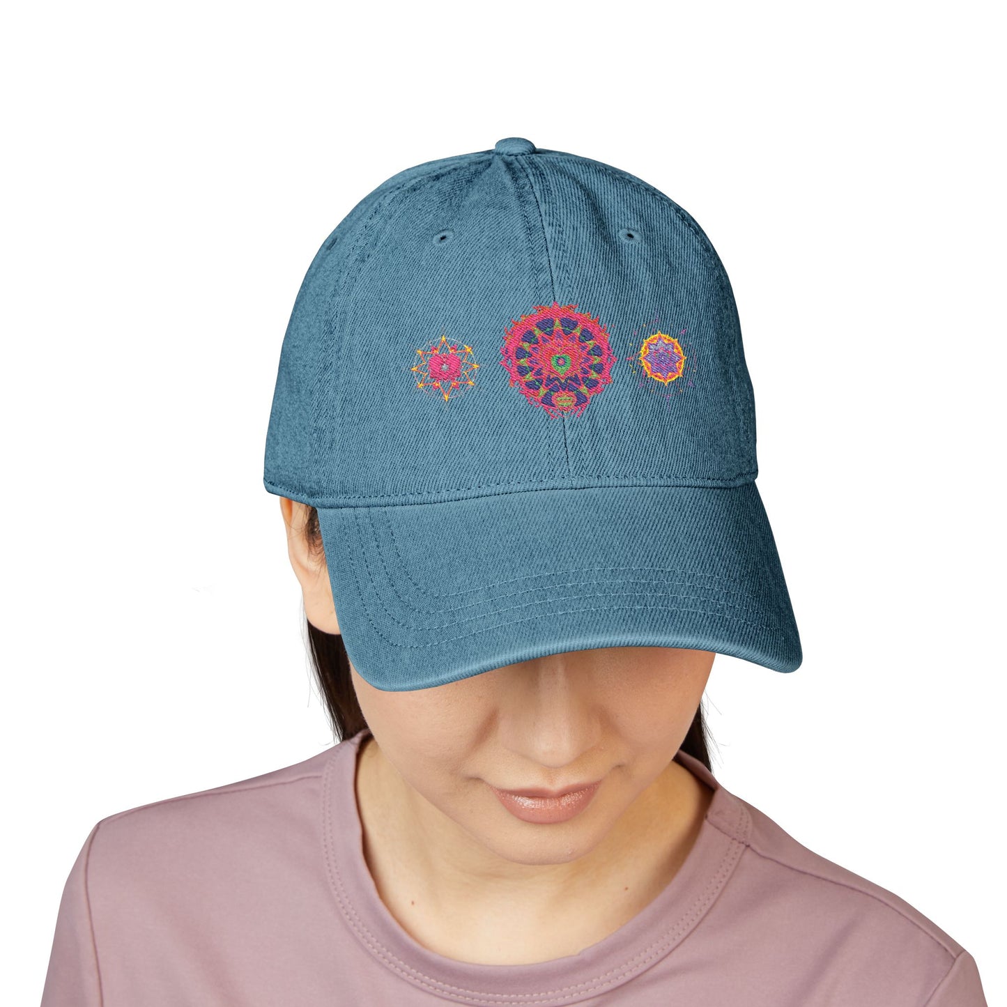 Denim Cap (Embroidery), 100% Cotton, Three Unique Embroidery Merkabas, Neon Galaxy Starry Light, Lotus Jewel Design by Divine Arts
