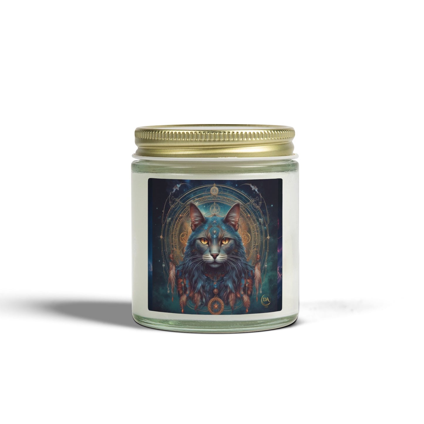 Premium Coconut Apricot Wax Scented Candles, Various Floral & Spice Fragrances (4oz), Spiritual Christmas Holiday Cat Lover Pet Gift, Gray Cat Galaxy Space Fantasy Tribal Art, by Divine Arts