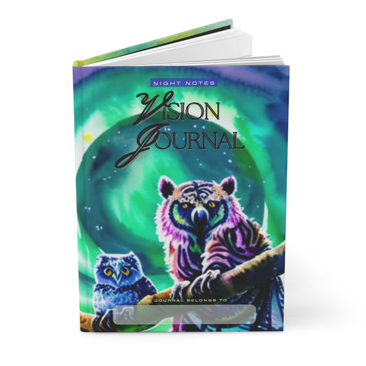 Divine Arts Hardcover Journal Notebook Stationery Matte Ruled Line Laminate Coating Wraparound Art - Fantasy Green and Blue Watercolor of Tree Owl Pair Centered in a Large Circular Green and Purple Aurora Borealis Sky Front and Back Cover Art