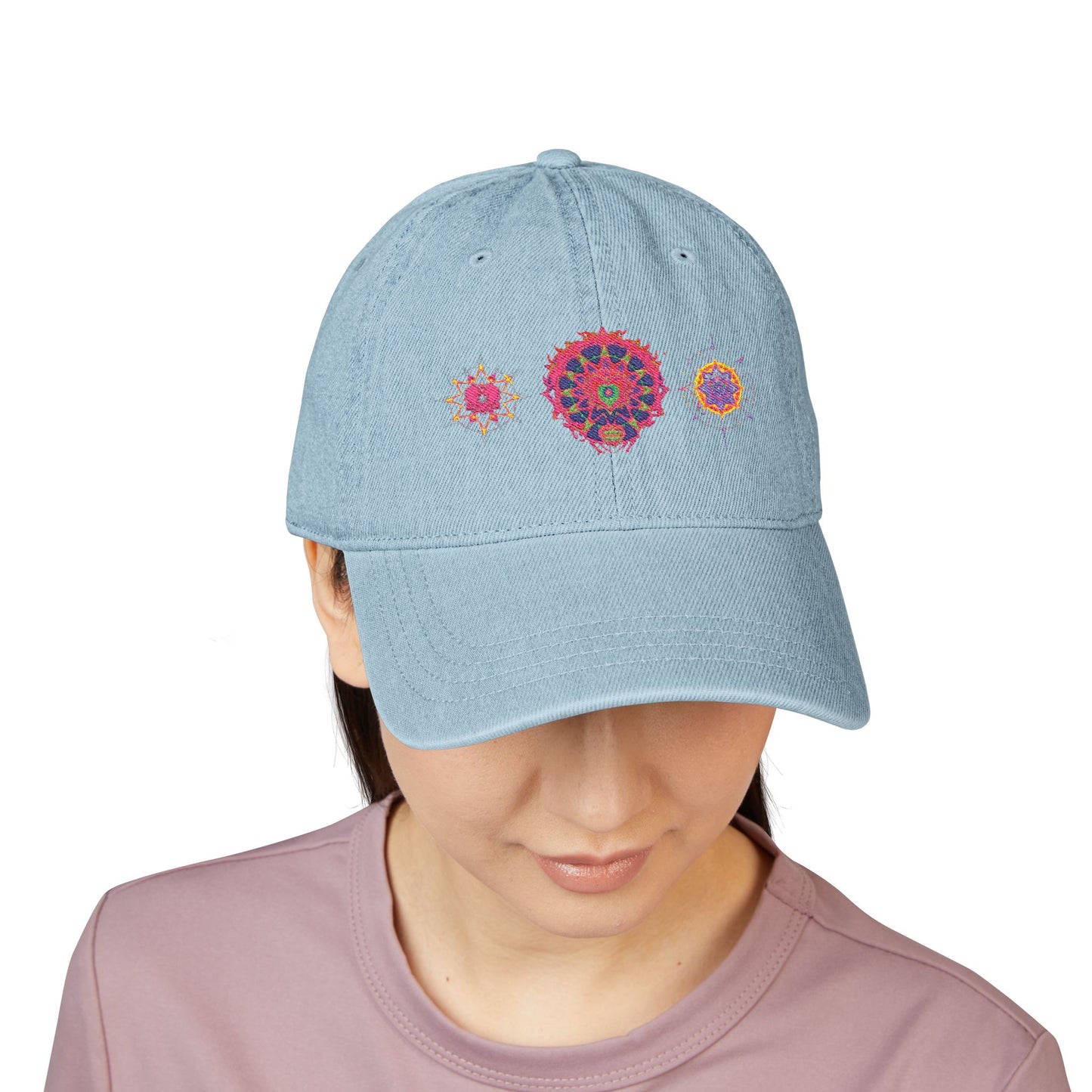 Denim Cap (Embroidery), 100% Cotton, Three Unique Embroidery Merkabas, Neon Galaxy Starry Light, Lotus Jewel Design by Divine Arts