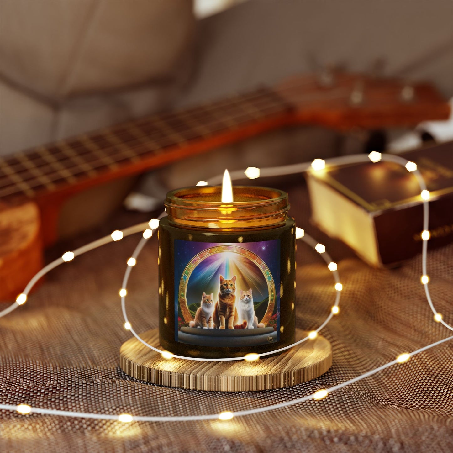 Premium Coconut Apricot Wax Scented Candles, Various Floral & Spice Fragrances (4oz), Spiritual Christmas Holiday Cat Lover Pet Gift, Ginger Tabby & White Cats Galaxy Space Fantasy Cat Art, by Divine Arts