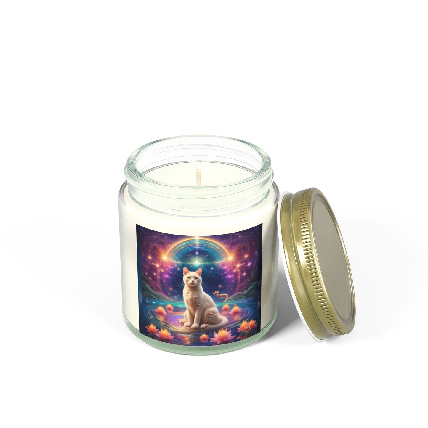 Premium Coconut Apricot Wax Scented Candles, Various Floral & Spice Fragrances (4oz), Spiritual Christmas Holiday Cat Lover Pet Gift, White Brown Cat in Sparkling Rainbow Lotus Field Pool, Fantasy Galaxy Space Cat Art , by Divine Arts