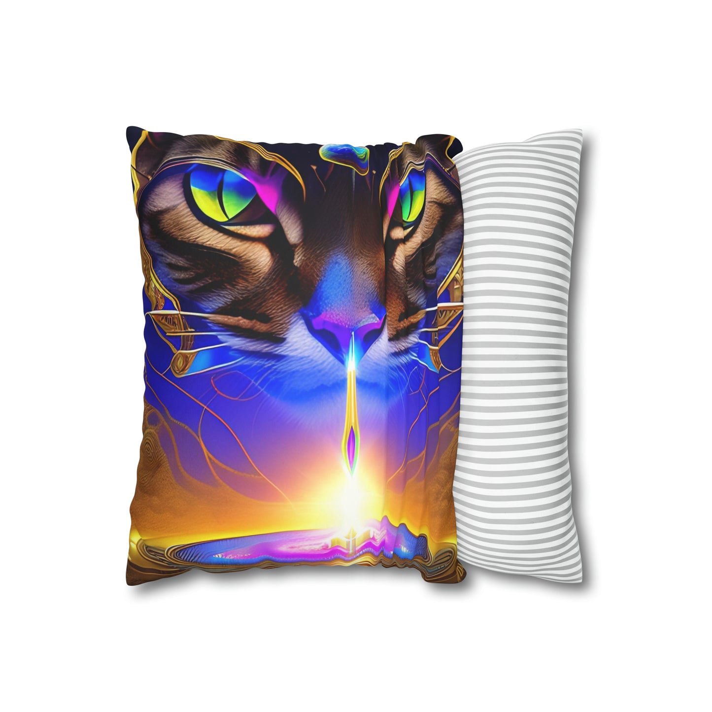 Divine Arts Faux Suede Double-Sided Art Square Pillow Case in Four Sizes - Fantasy Galaxy Space Cat Lover Male Brown Tabby Cat with Ornate Golden Face Armor and Magenta Crystal Wielding the Merkaba Pillow Cover