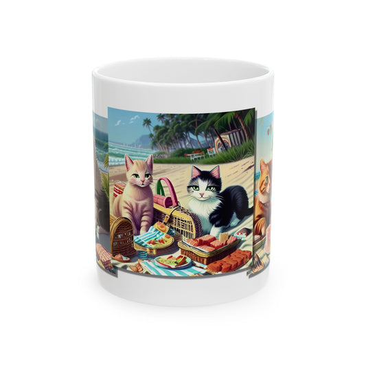 Ceramic Cat Lover Pet Mug 11oz- Cats Picnic on Beach, Cat Collage, Pet Gift, Cat Lover Gift, Gift for Him or Her, Christmas Gift, Art by Divine Arts LLC