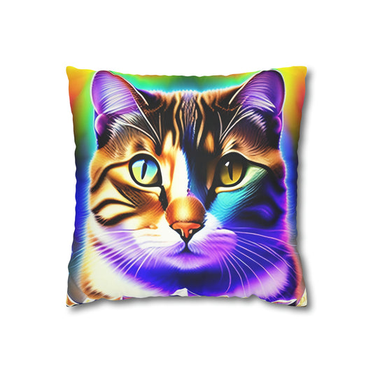 Divine Arts Faux Suede Double-Sided Square Pillow Case - Fantasy Galaxy Space Cat Lover Brown Tabby Cat with Heterochromia Meditating in Rainbow Trance Colors Pillow Cover in Four Sizes