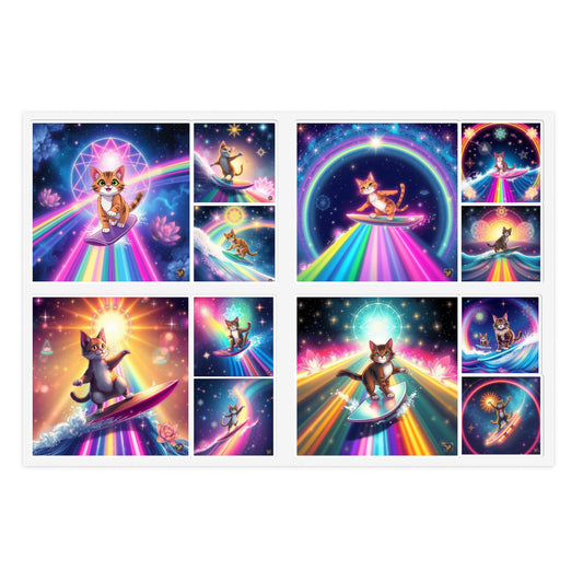 Cosmic Surfing Cat Sticker Sheets (6" x 4") — Rainbow Lotus Light Sacred Geomtry Galaxy Cat Decals by Divine Arts