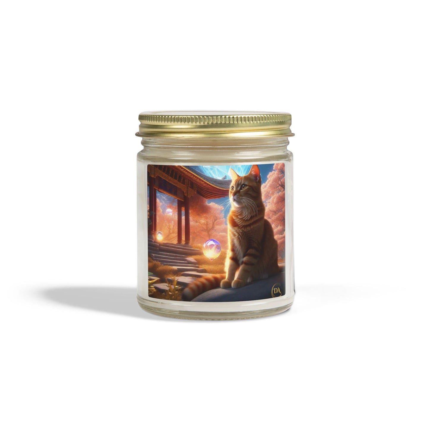 Premium Coconut Apricot Wax Scented Candles, Various Floral & Spice Fragrances (4oz), Spiritual Christmas Holiday Cat Lover Pet Gift, Ginger Tabby Cat Buddhist Diamond Sutra Temple Art, by Divine Arts