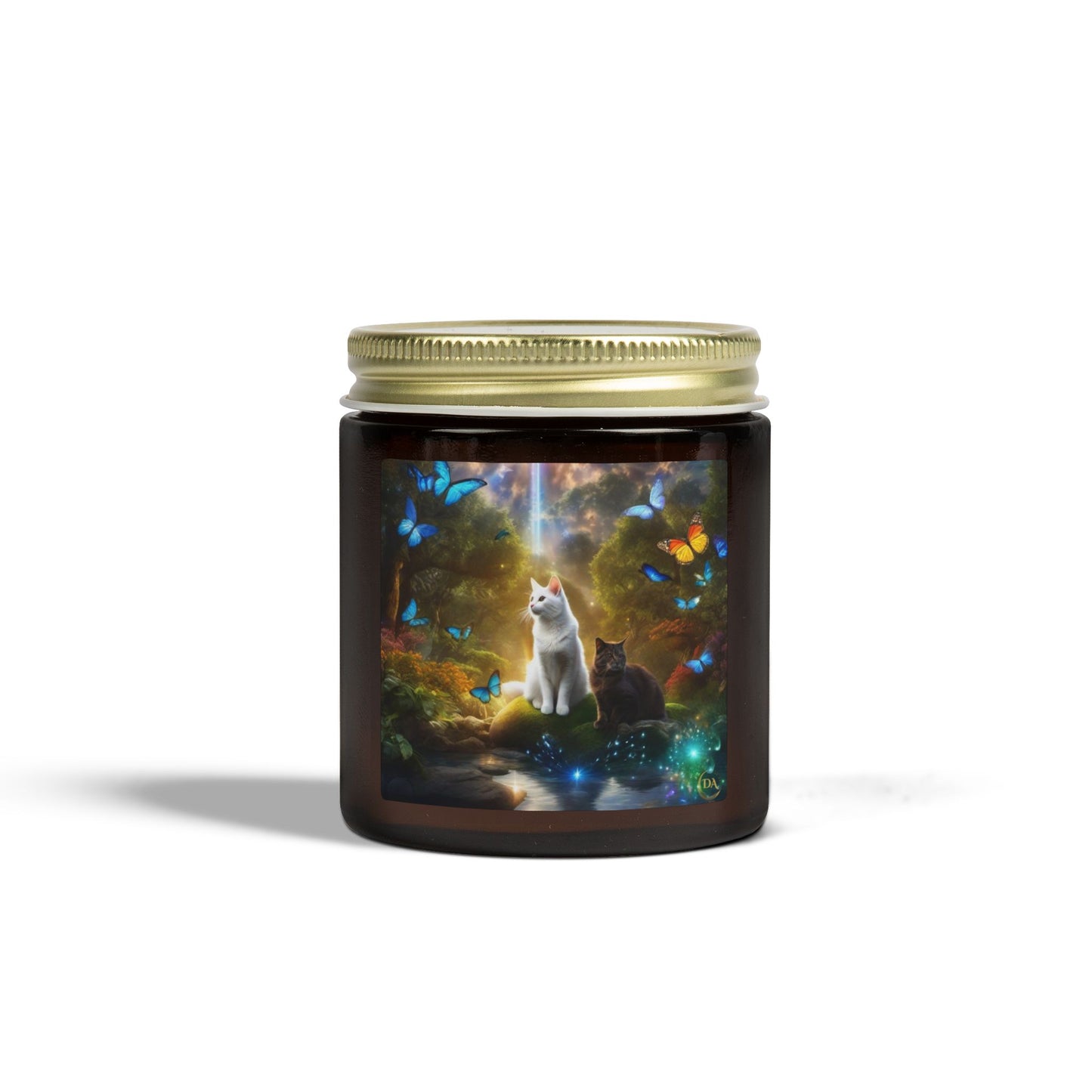 Premium Coconut Apricot Wax Scented Candles, Various Floral & Spice Fragrances (4oz), Spiritual Christmas Holiday Cat Lover Pet Gift, Black & White Cats in Nature Butterflies Scene Fairytale Fantasy Art, by Divine Arts