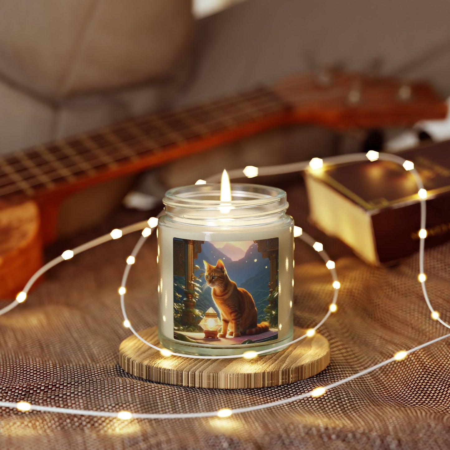 Premium Coconut Apricot Wax Scented Candles, Various Floral & Spice Fragrances (4oz), Spiritual Christmas Holiday Cat Lover Pet Gift, Ginger Tabby Cat Buddhist Diamond Sutra Temple Art, by Divine Arts