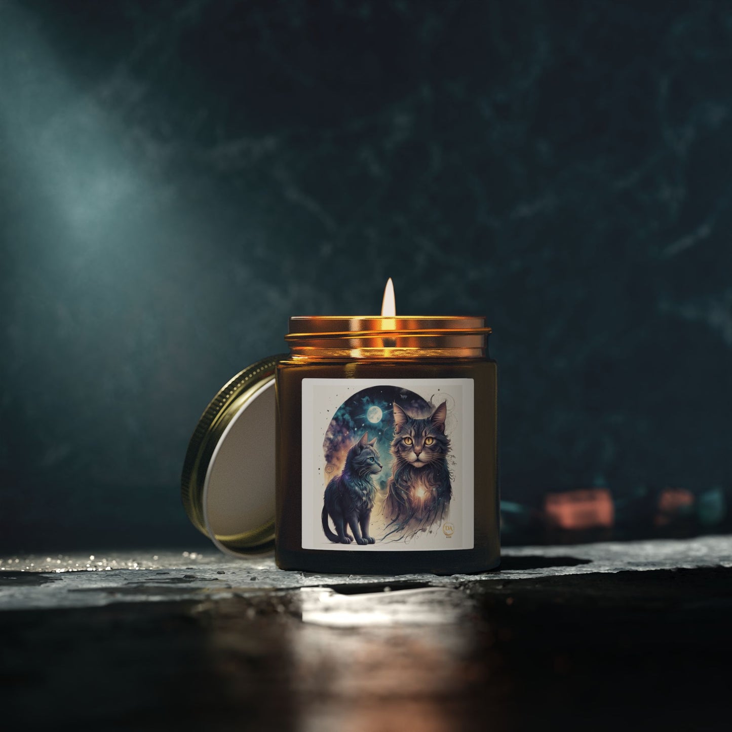 Premium Coconut Apricot Wax Scented Candles, Various Floral & Spice Fragrances (4oz), Spiritual Christmas Holiday Cat Lover Pet Gift, Ginger, White, Brown Tabby & Gray Cats Galaxy Space Fantasy Cat Art, by Divine Arts